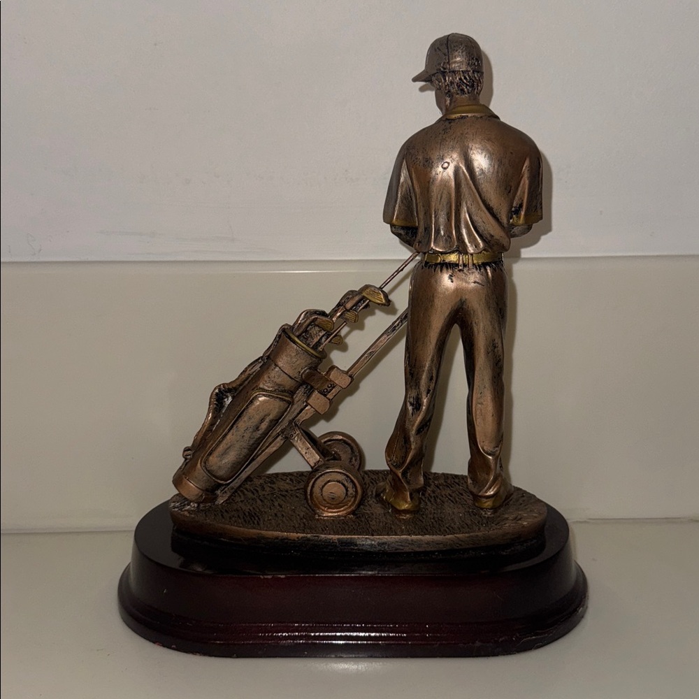 Bronze Golfer and Golf Bag Sculpture Trophy on Dark Wood Base - Picture 2 of 4
